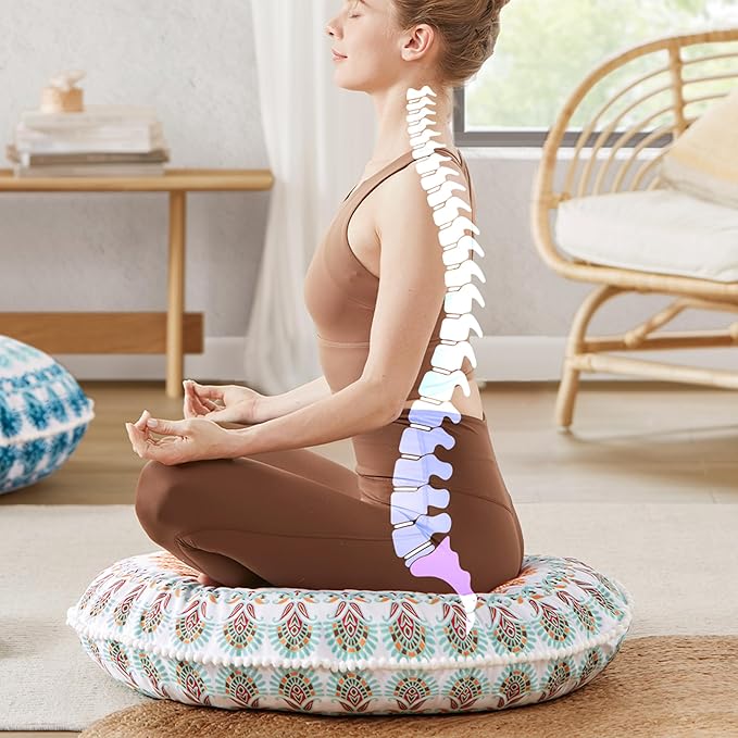 Codi Meditation Floor Pillow, Round Large Pillows Seating for Adults, Bohemian Mandala Circle Cushion for Outdoor Fireplace Yoga Living Room, 32 Inch, Memory Foam Added, Coral