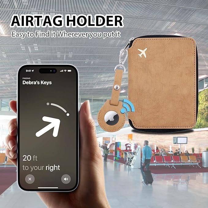 Cnycmy Passport Holder With Airtag, RFID Wallet for Women, Waterproof PU Leather Travel Case With Slot (Brown3)