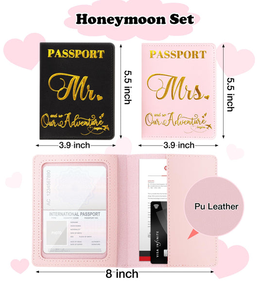 4 Pcs Mr and Mrs Luggage Tags with Passport Holder Set, Honeymoon Essentials Wedding Travel Gift for Couples, Bridal Shower Gifts for Newlyweds, Bride, Valentine's Day, Engagement (Black & Pink)