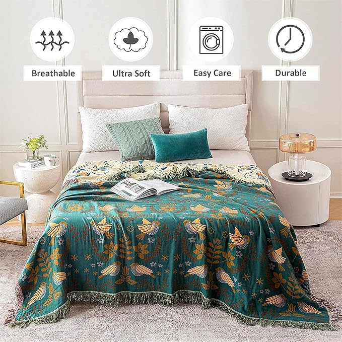 King Throw Blanket for Bed 100% Cotton Boho Ultra Soft Rustic Quilt Birds and Floral Double Embroider Fall King Bed Blanket,90"×108" All Season Blankets for Bedding Couch