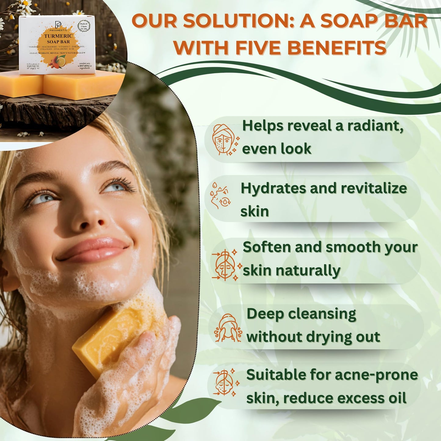 Turmeric Soap Bar for Face & Body - Turmeric Soap with Bakuchiol, Niacinamide, Hyaluronic Acid to Improve Skin Texture, Radiance & Smoothness-face wash bar for Acne-Prone, Sun-Exposed Skin (Pack of 2)