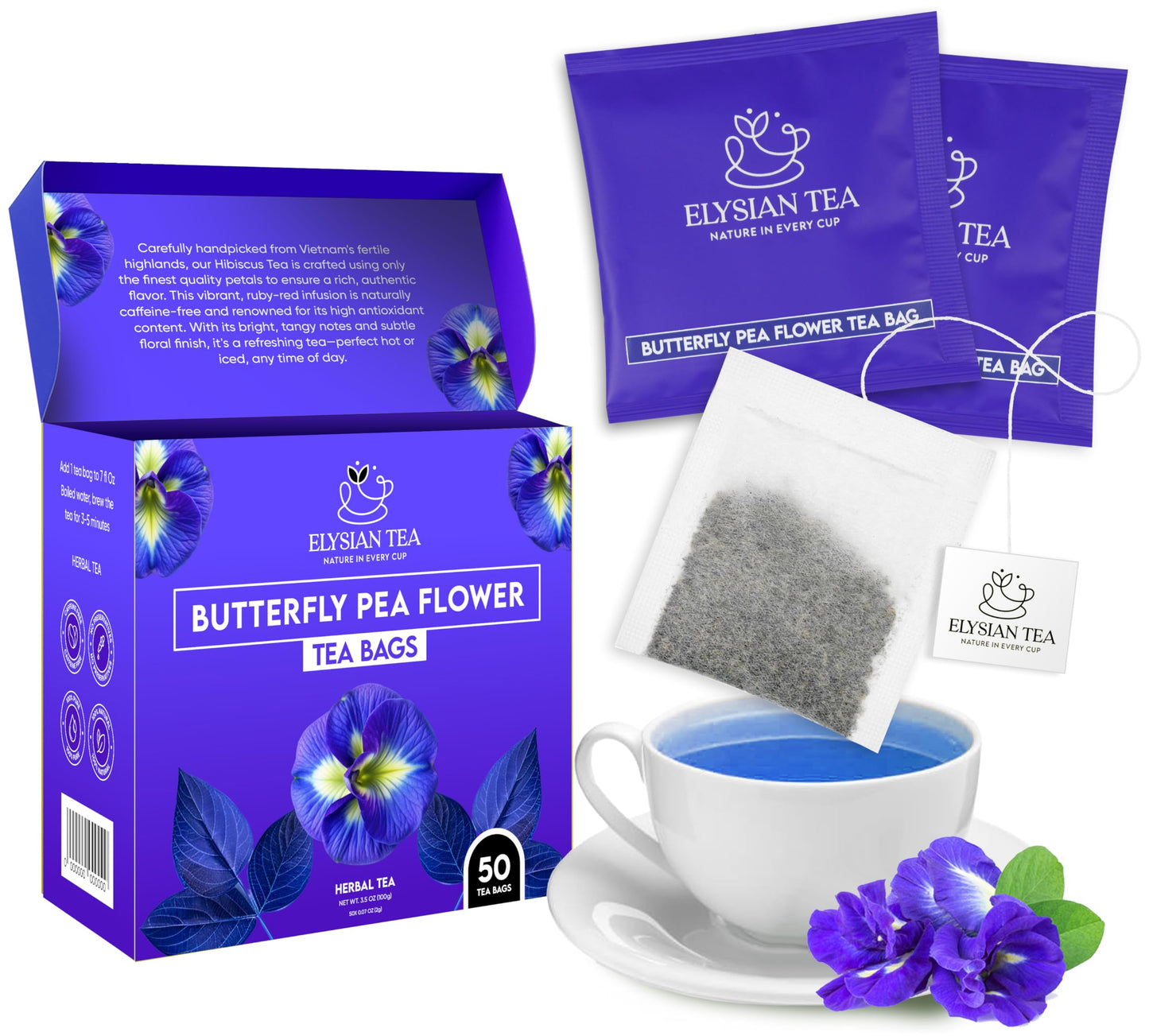50 PACK Butterfly Pea Tea Bags – Individual Wrapped Tea Bags – Vibrant Blue All-Natural Herbal Tea | Caffeine Free | No Preservatives - Rich In Antioxidants