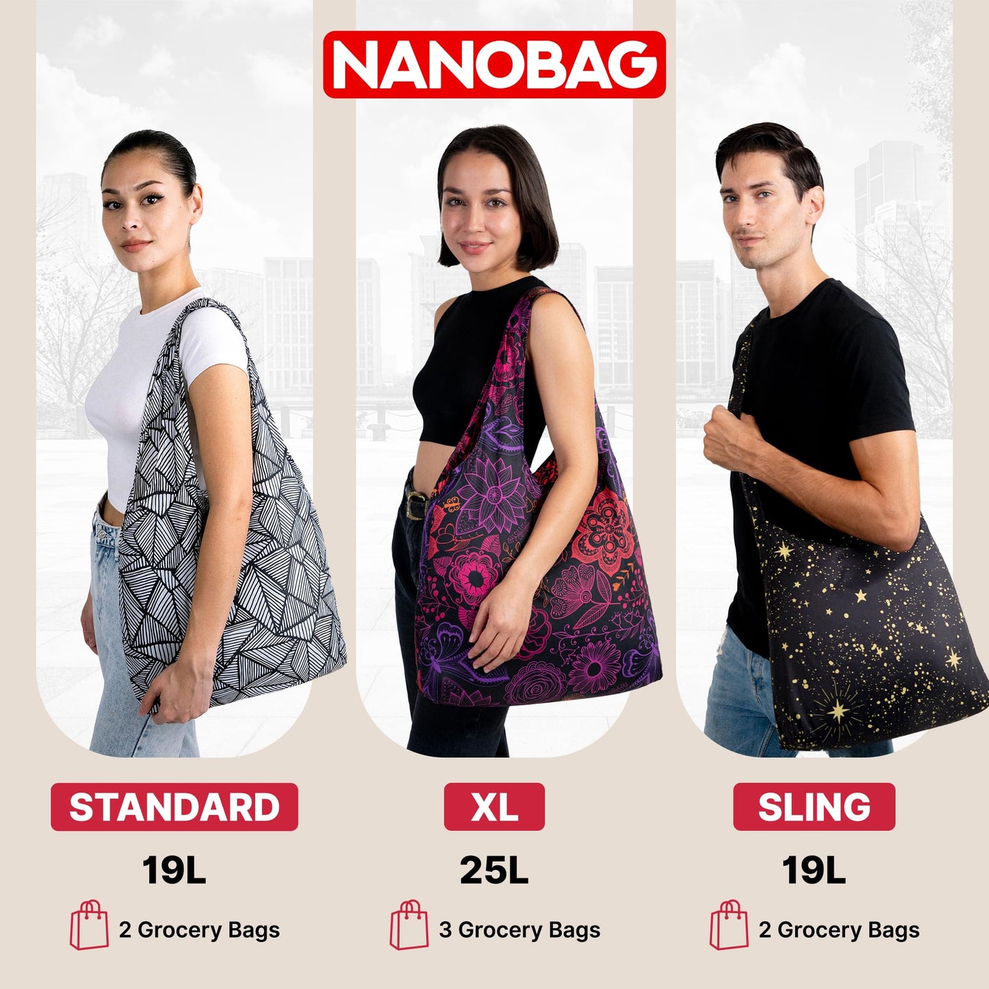 Nanobag Ultra-Lightweight Standard Size Tote Bag for Women & Men, Heavy Duty Reusable Grocery Bag, Foldable Travel Shopping Tote, Packable Cloth Bag with Handles, Washable Market Tote (Black)