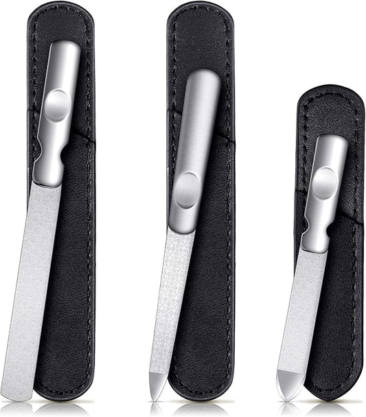 3 Pcs Stainless Steel Nail Files Kit with Leather Case, Double Sided Metal Nail Files with Anti-Slip Handle for Women and Men, Metal File Buffer Manicure Pedicure Tools for Fingernail Toenail(Black)