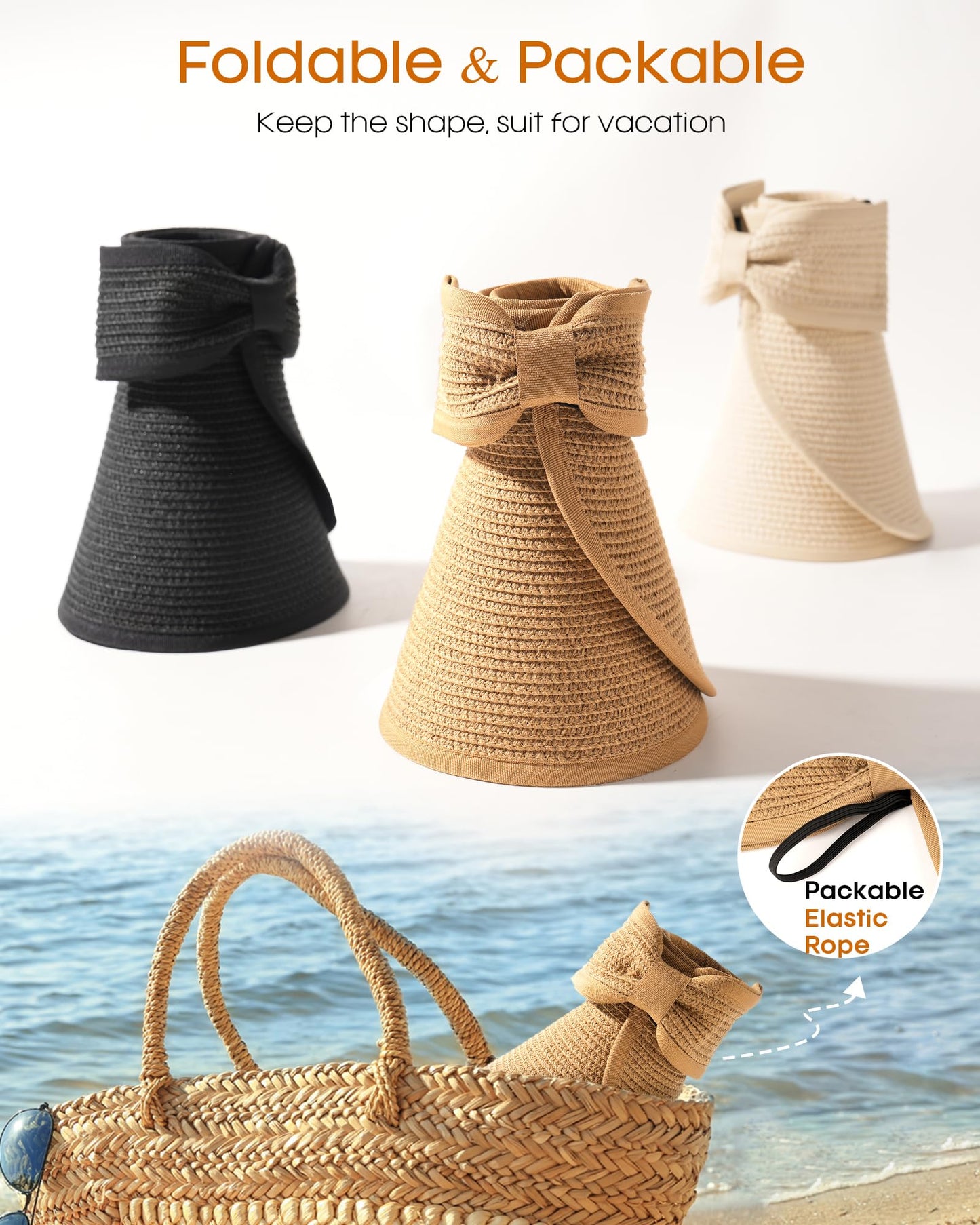 FURTALK Sun Visor Hats for Women Beach Hat Ponytail Summer UPF 80+ Beach Vacation Essentials Packable Wide Brim Khaki