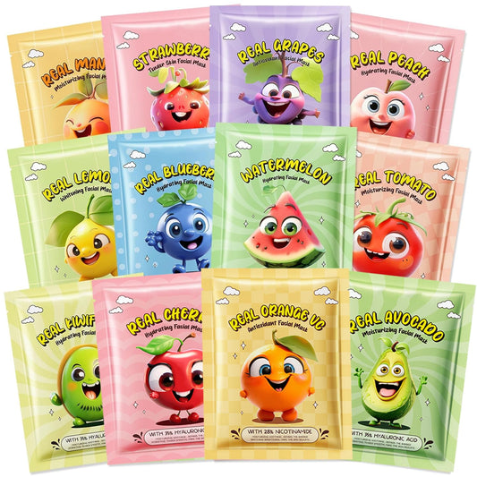12 Pack Fruit Face Mask for Kids, Stocking Stuffers, Skin Care for Kids, Moisturizing Face Masks Skin Care, Facial Mask Bulk, Kid Party Favors, Christmas Gifts, Slumber Party Supplies for Girls