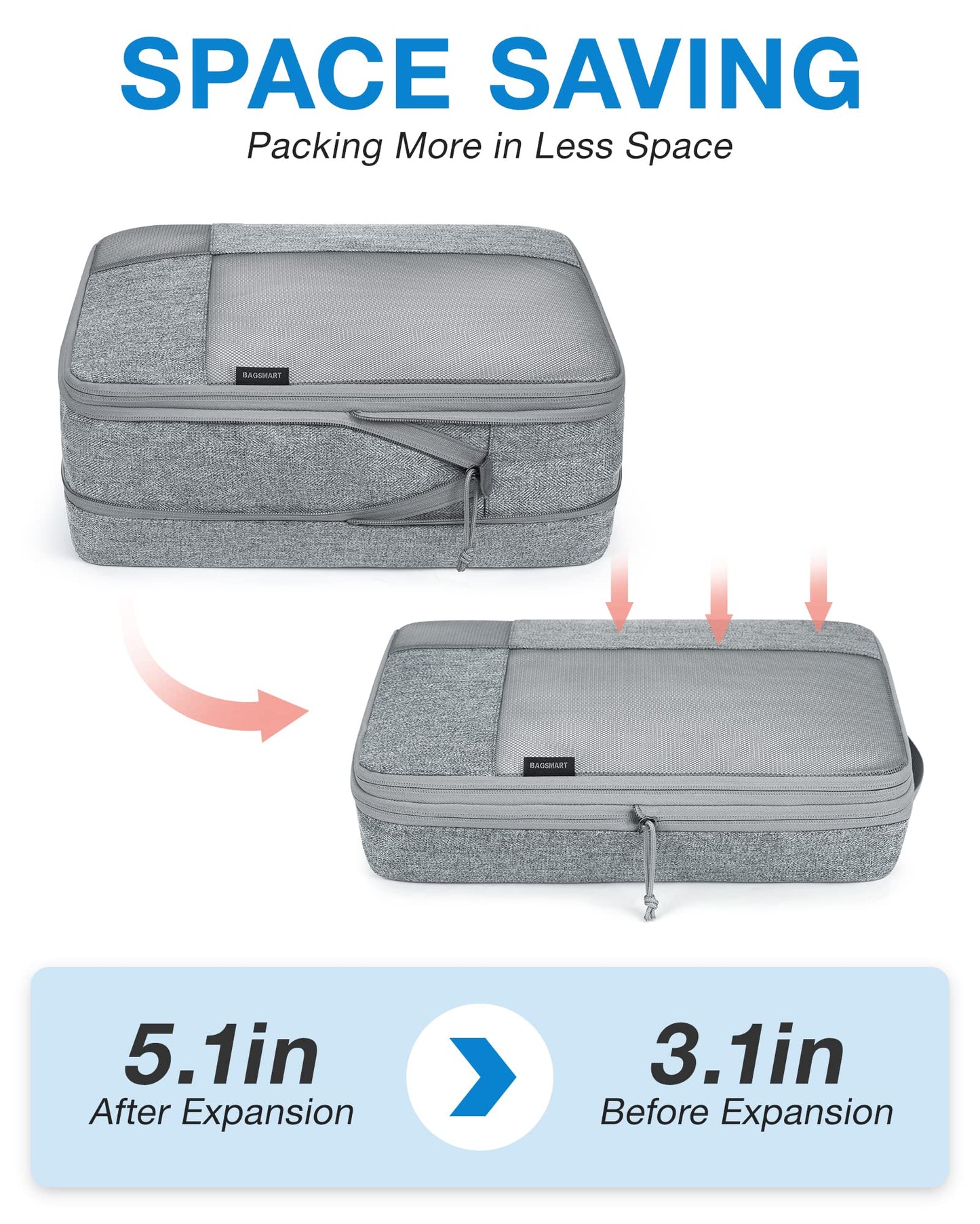 BAGSMART Compression Packing Cubes for Travel, 6 Set Travel Packing Cubes for Carry on Suitcases, Compression Travel Cubes & Suitcase Organizer for Packing with Shoe Bag Grey