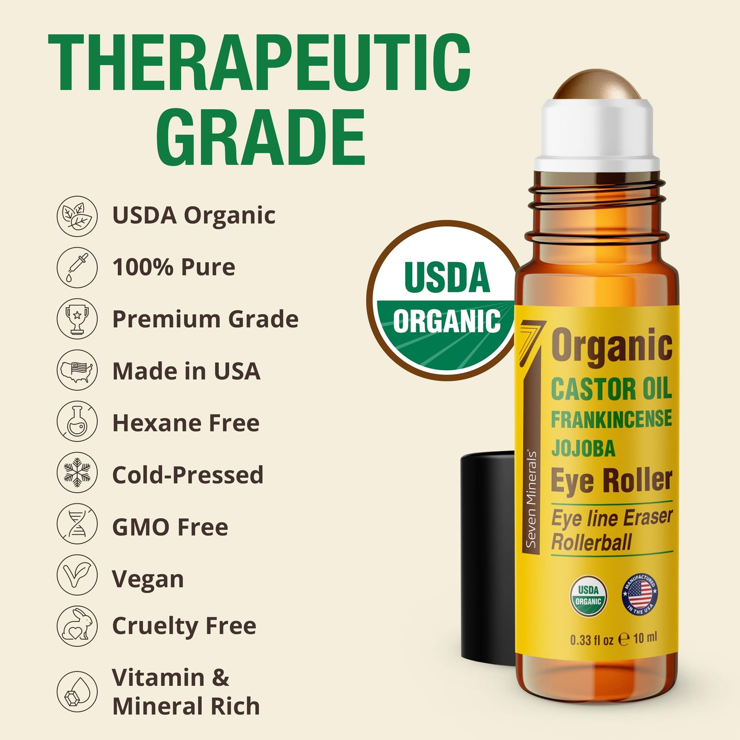 Seven Minerals Castor Oil Roll On Eye Roller for Under Eye Bags, Dark Circles & Wrinkles - Powerful Organic Blend of Castor, Frankincense & Jojoba - Brighten, and Revitalize Skin & Face - 0.33 fl oz