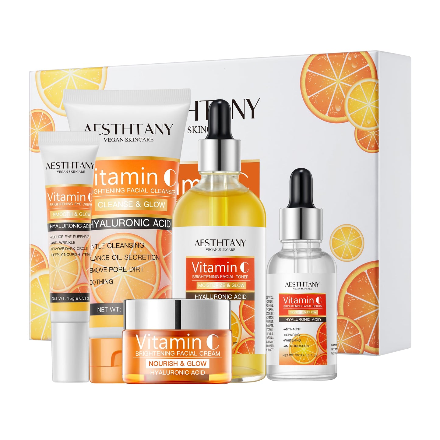 AESTHTANY Vitamin C Skin Care Set Moisturizing Hyaluronic Acid Skin Care Kit 5PCS For Women Beauty Set Gift Set