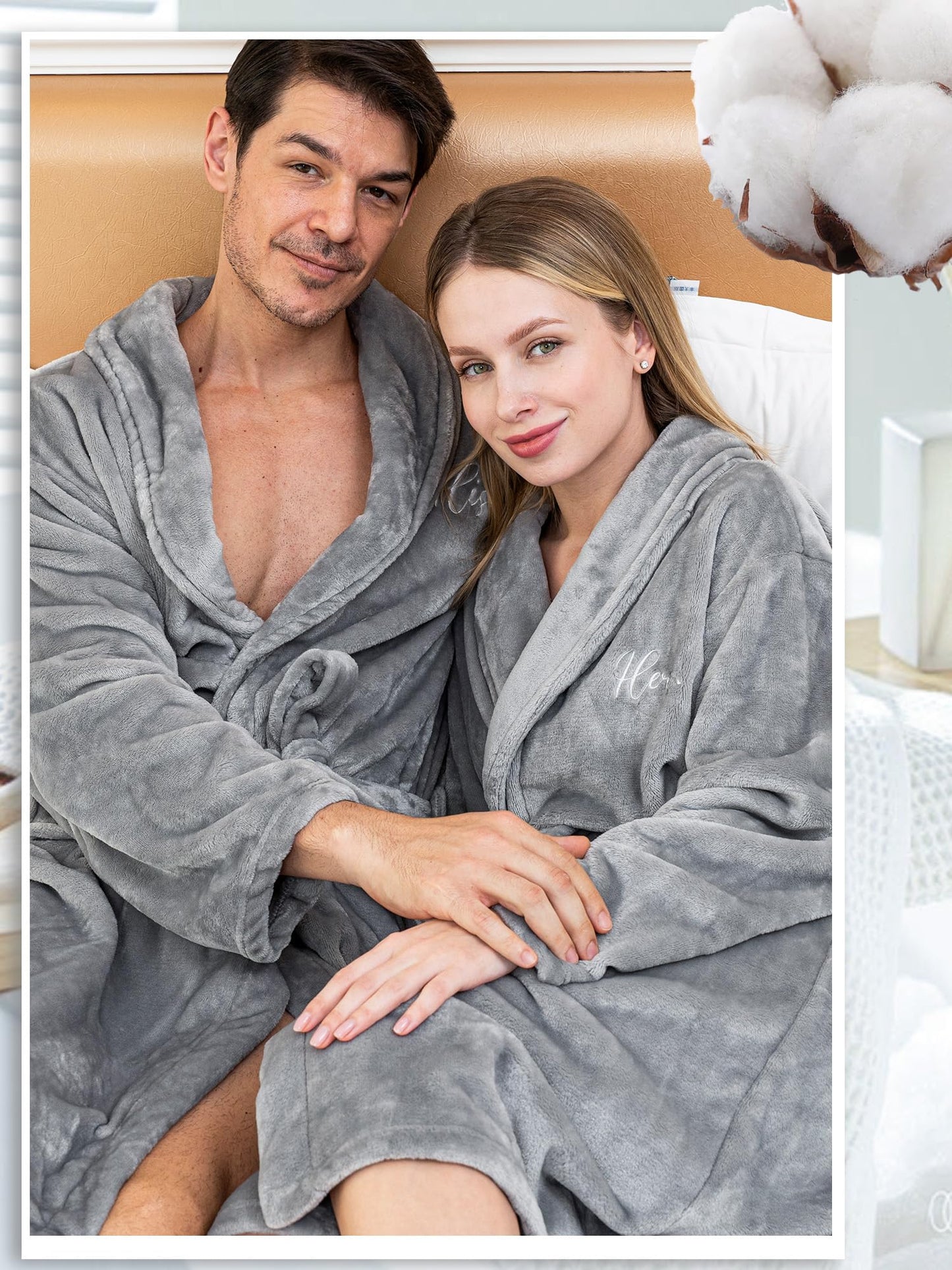 Jecery 2 Pcs His and Hers Robes for Couples Mr and Mrs Bathrobes Flannel Embroidered Matching Robes Wedding Engagement Gifts(Gray)