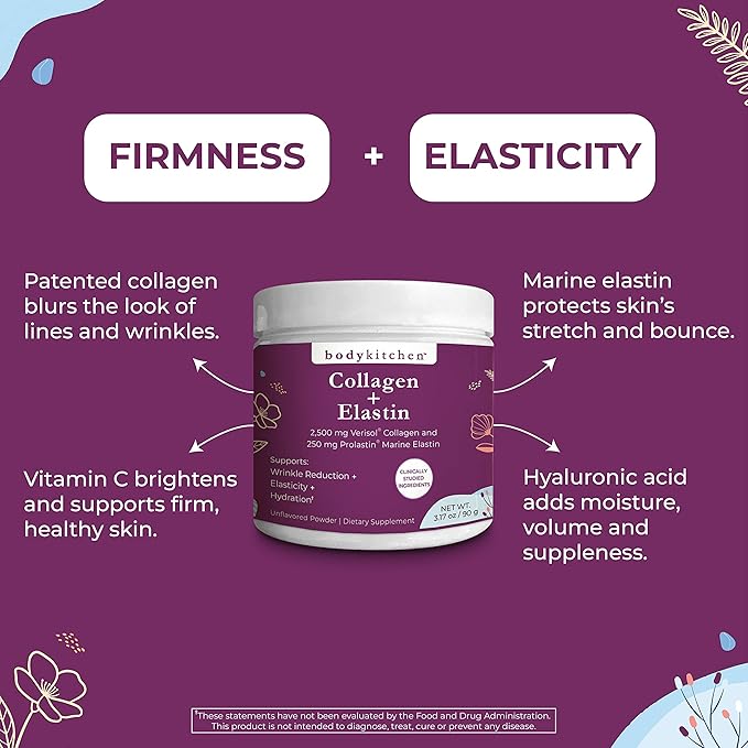 Body Kitchen Collagen + 250 mg Elastin – Supports Skin Hydration, Elasticity & Healthy Aging, Unflavored Powder (30 Servings)