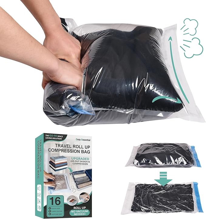 Compression Bags for Travel - Travel Essentials - 16 Pack Space Saver Bags - No Vacuum Needed - Compression Packing Bags for Cruise Accessories