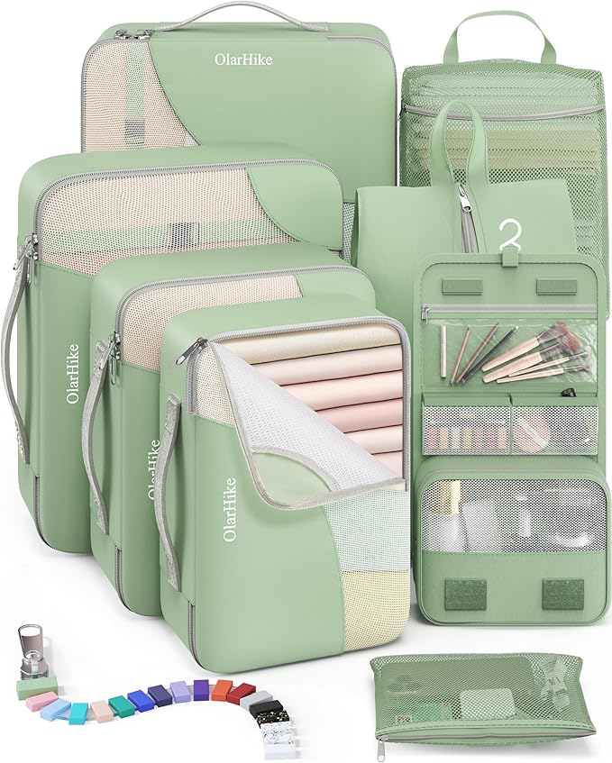 8 Set Packing Cubes for Travel, Anti-Tearing Suitcase Organizer for Luggage with Shoe & Hanging Toiletry Bag,Gifts for Women Mom,OlarHike Vacation Essentials & Accessories for Cruise Ship,Matcha Green