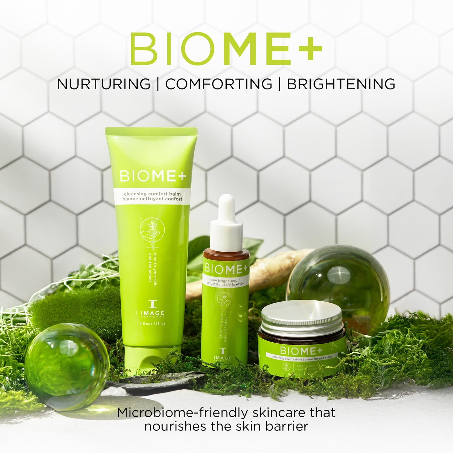 IMAGE Skincare, BIOME+ Microbiome Essentials Skin Barrier Defense Trio, 3 Step Travel Regimen with Facial Cleansing Balm, Dew Serum and Smoothing Cream
