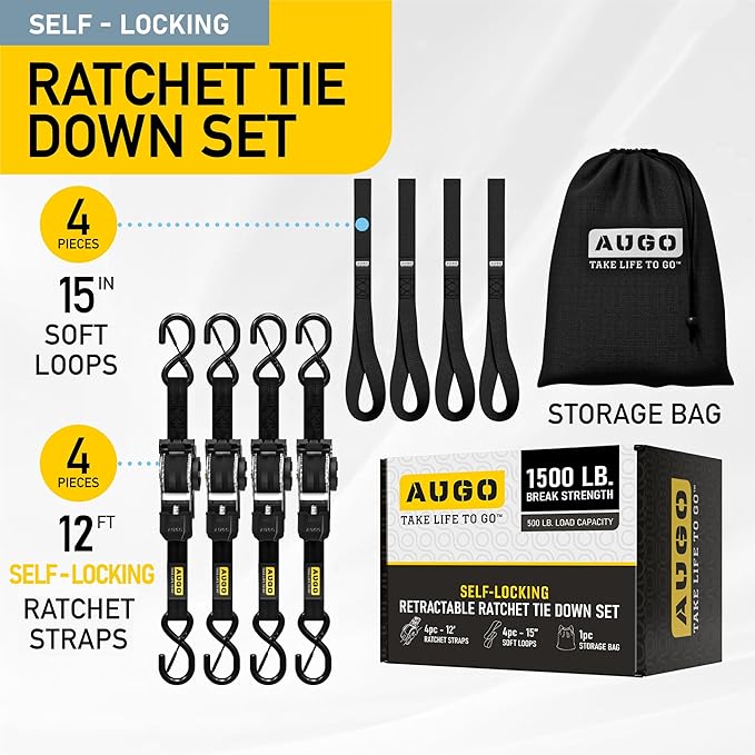 AUGO Self-Locking Retractable Ratchet Straps | 4 Heavy Duty Self-Tensioning Retractable Tie Down Straps with Soft Loops & Storage Bag | for Motorcycle, Truck, Cargo | 1500Lb Break Strength 1” x 12’