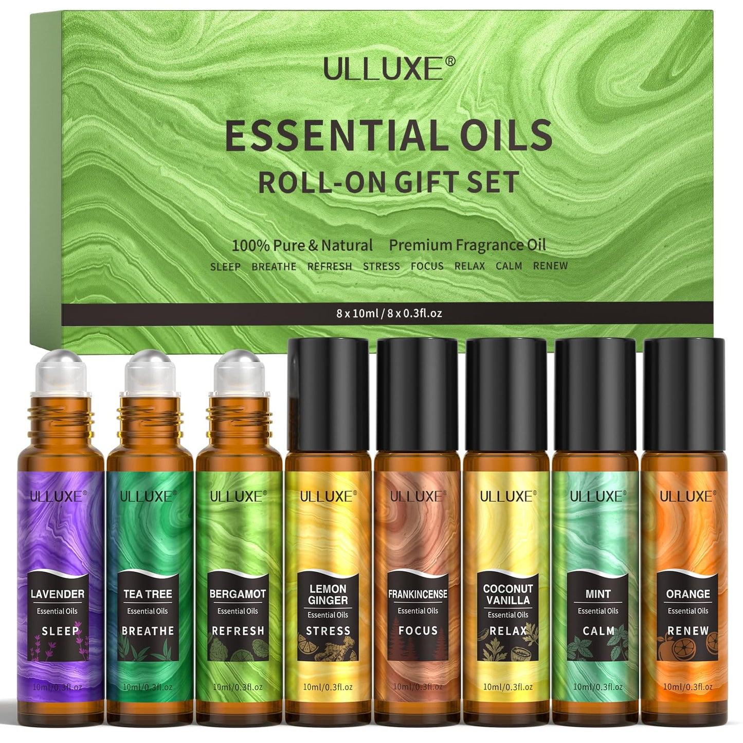 Essential Oils Roll On Set (8 Pack) 8 Scent, Essential Oil with Roller Ball, Natural Aromatherapy Oil for Skin, Stress Comfort, Calming, Relaxation Self Care Gift Set for Women and Men