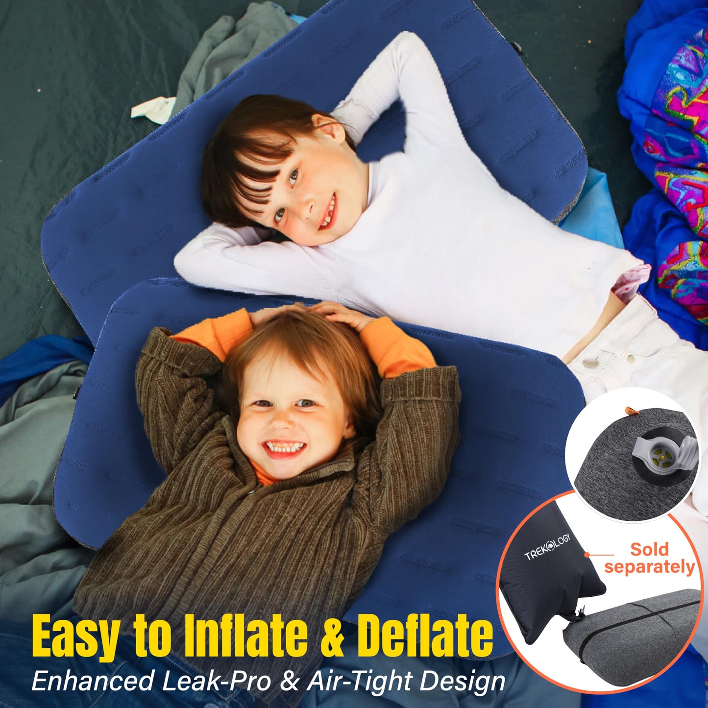 TREKOLOGY Camping Pillow - Large Inflatable (24"x15") for Home-Like Comfort, Portable & Ergonomic, Easy to Clean, Durable & Leak-Proof, Removable Strap for Secure Fit – ALUFT Ultra (Blue)