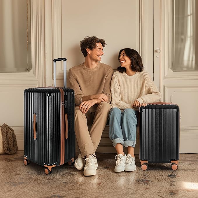 Carry-on 20 Inch and 28 Inch Square Thickened ABS+PC Hard Shell luggage, 2-Piece Suitcase Set with TSA Lock & Dual Zipper Mesh Inner Layer Design, Black Brown