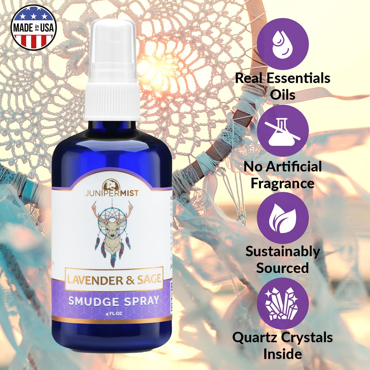 Lavender and Sage Smudge Spray (4oz) Calm & Clear - Smudge Mist for Cleansing Negative Energy – Smokeless Sage Water Spiritual Room Spray – USA Made