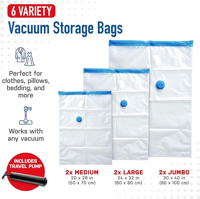 6 Pack Variety Vacuum Seal Bags for Clothing, Travel, Blankets & Comforters - Compression Bag with Hand Pump - Space Saver Vacuum Storage Bags for Bedding, Moving, Travel & Organization (2M, 2L&2XL)