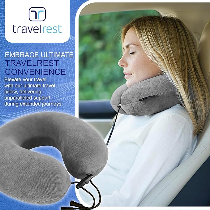 TRAVELREST Travel Essential Neck Pillow - Memory Foam, Washable Micro-Fiber Cover, Soft and Comfortable Head Support for Long Flights, Compact, Attaches to Luggage, Airplanes, Cars, Bus - (Grey, Curl)
