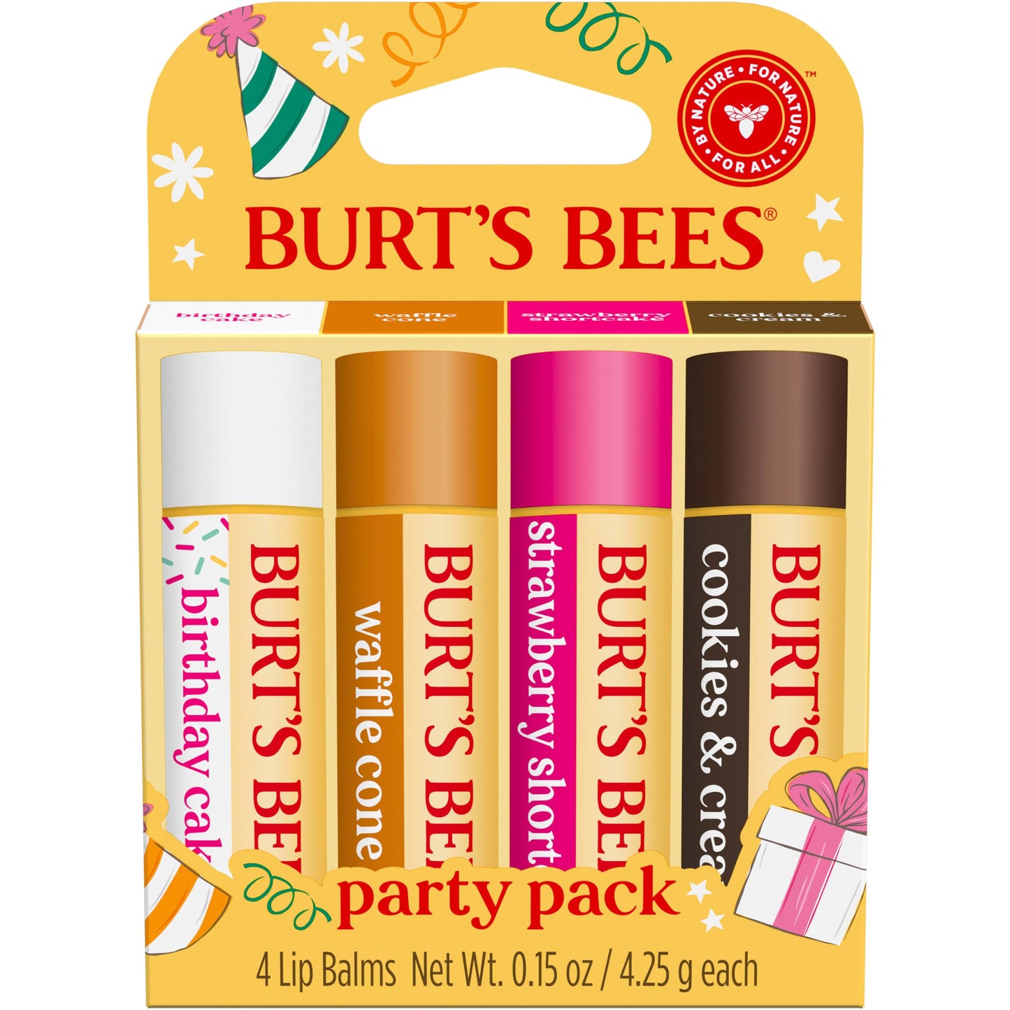 Burt's Bees Lip Balm Party Pack - Birthday Cake, Waffle Cone, Strawberry Shortcake, and Cookies & Cream, All Day Moisturizer, Tint-Free, Natural Origin Conditioning Lip Treatment, 4 Tubes, 0.15 oz.