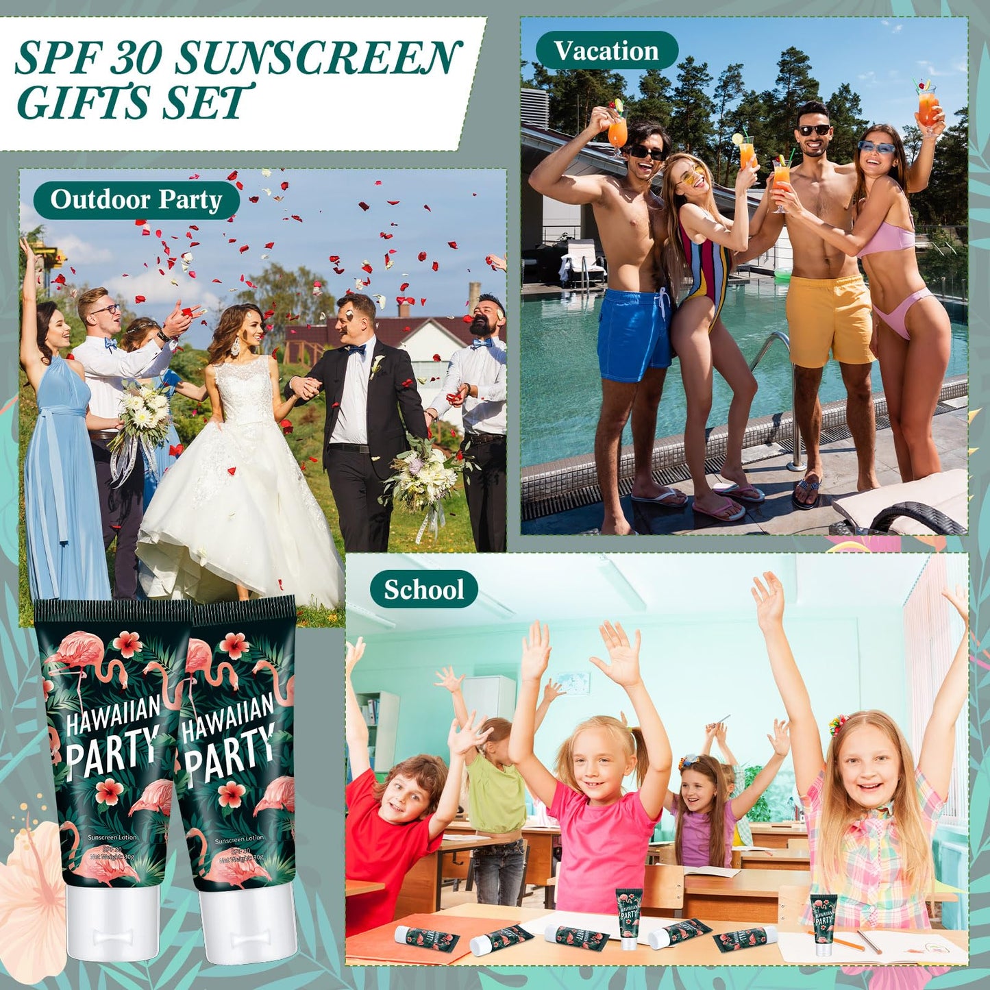 Dansib 24 Pcs Mini Sunscreen Bulk for Summer Wedding Party Spf 30 Water Resistant Sunscreen Lotion Bulk 1oz Travel Size for Thank You Gifts Wedding Party Supplies(White Cream,Flamingo)