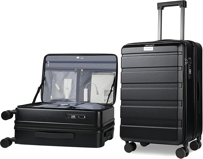 KROSER Carry On Luggage with Spinner Wheels & Built-in TSA Lock, Expandable Top Loading Hard Shell Suitcase Large Capacity Durable Rolling Luggage with USB Port, Carry-On 20-Inch, Black