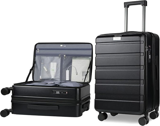 KROSER Carry On Luggage with Spinner Wheels & Built-in TSA Lock, Expandable Top Loading Hard Shell Suitcase Large Capacity Durable Rolling Luggage with USB Port, Carry-On 20-Inch, Black