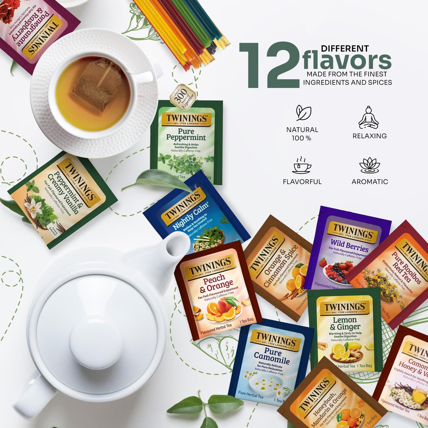 Twinings 48 Tea Bags Herbal Variety Pack, Bundle with 20 Flavored Honey Sticks – 12 Flavors Caffeine-Free Individually Wrapped Teas for Gift Basket, Office, Lobby Refreshments