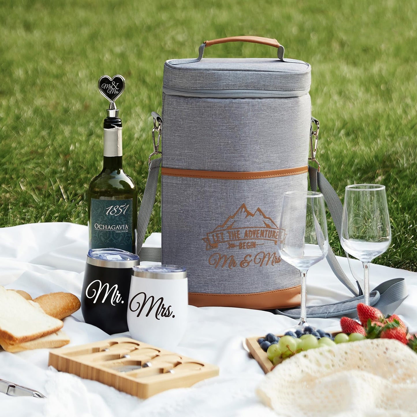 AW BRIDAL Engagement Gifts for Newlywed Couples 2025, Mr and Mrs Wine Gift Basket for Wedding Bridal Shower, Anniversary Insulated Wine Cooler Bag Tumblers with Accessorie Set for Beach Camping Travel