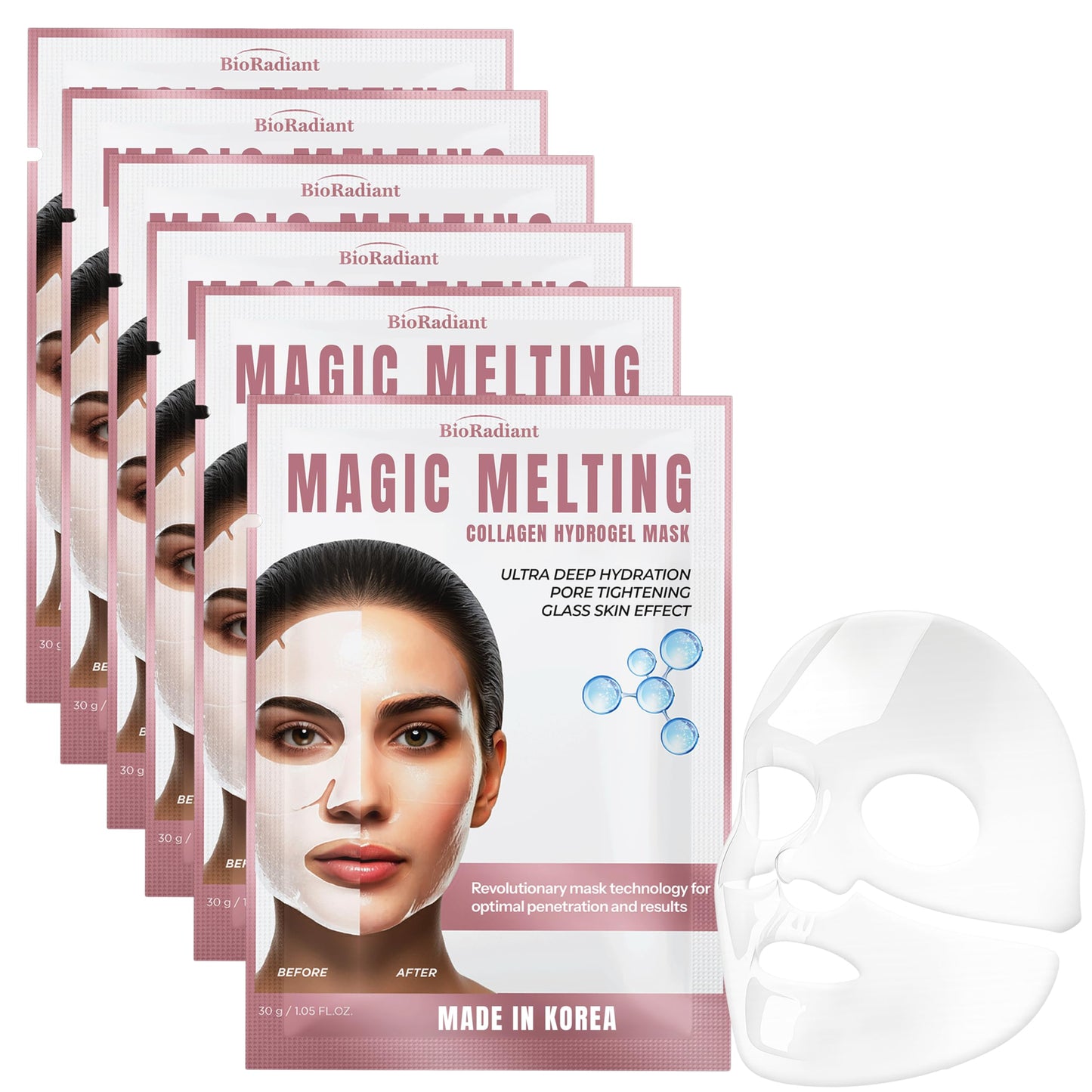Bio Radiant Magic Melting Face Mask - Collagen Ultra Hydrating Overnight Hydrogel Mask, Pore Minimizer For Face with Glass Skin Effect - Vegan, Clean Beauty, Made in Korea - Pack of 6