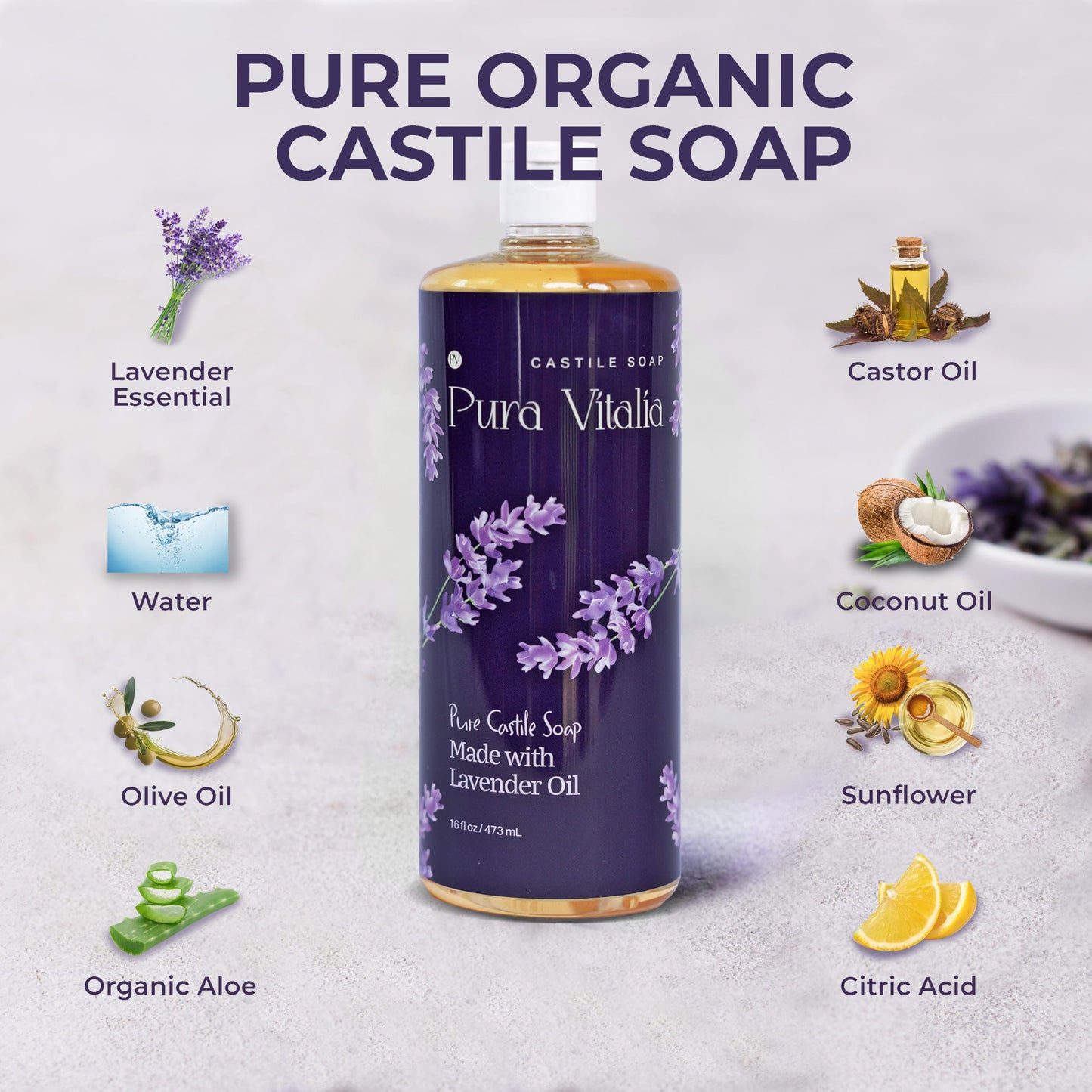 Pura Vitalia Lavender Organic Castile Soap | Body Wash & Cleanser for Face & Hands | Biodegradable, Eco-Friendly, Palm Oil Free, Vegan & Gentle | Made with 6 Natural Ingredients - 32 oz