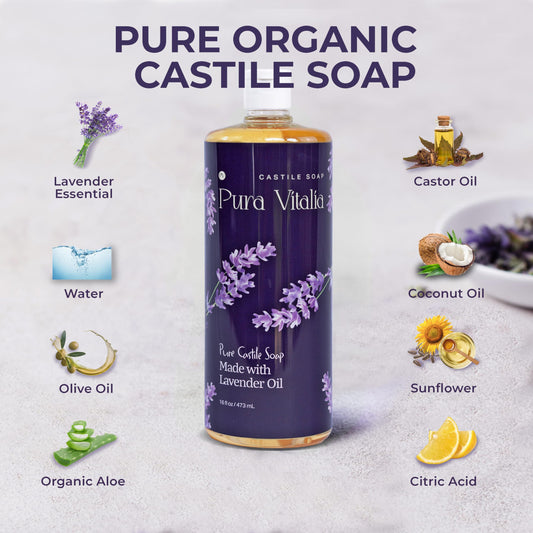 Pura Vitalia Lavender Organic Castile Soap | Body Wash & Cleanser for Face & Hands | Biodegradable, Eco-Friendly, Palm Oil Free, Vegan & Gentle | Made with 6 Natural Ingredients - 32 oz