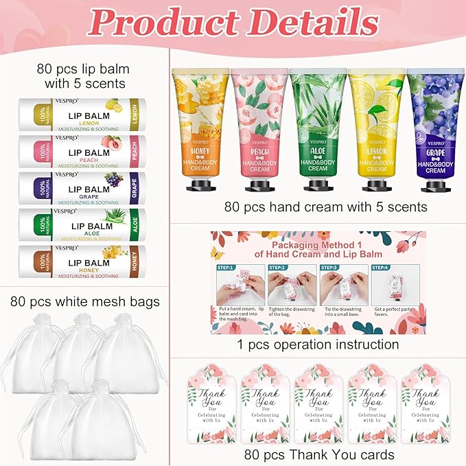 80 Sets Bulk Hand Cream and Bulk Lip Balm Gifts, Bridesmaid Gifts, Baby Shower Party Favors and Bridal Shower Gifts for Guests with Thank You Card Organza Bags, Thank You Gifts for Coworkers Women