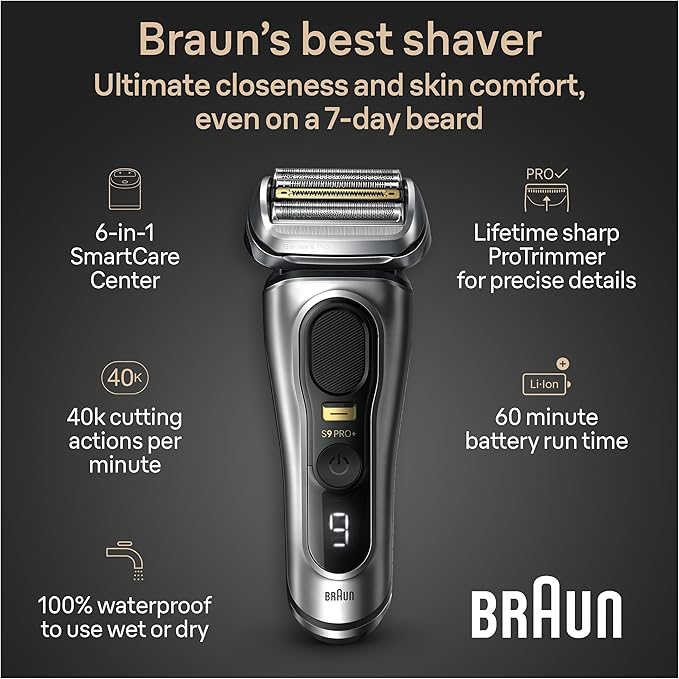 Braun Series 9 PRO+ Electric Razor for Men, 5 Pro Shave Elements & Precision Long Hair Trimmer, 6in1 SmartCare Center, Wet & Dry Electric Razor for Smooth Skin with 60min Battery Runtime, 9567cc