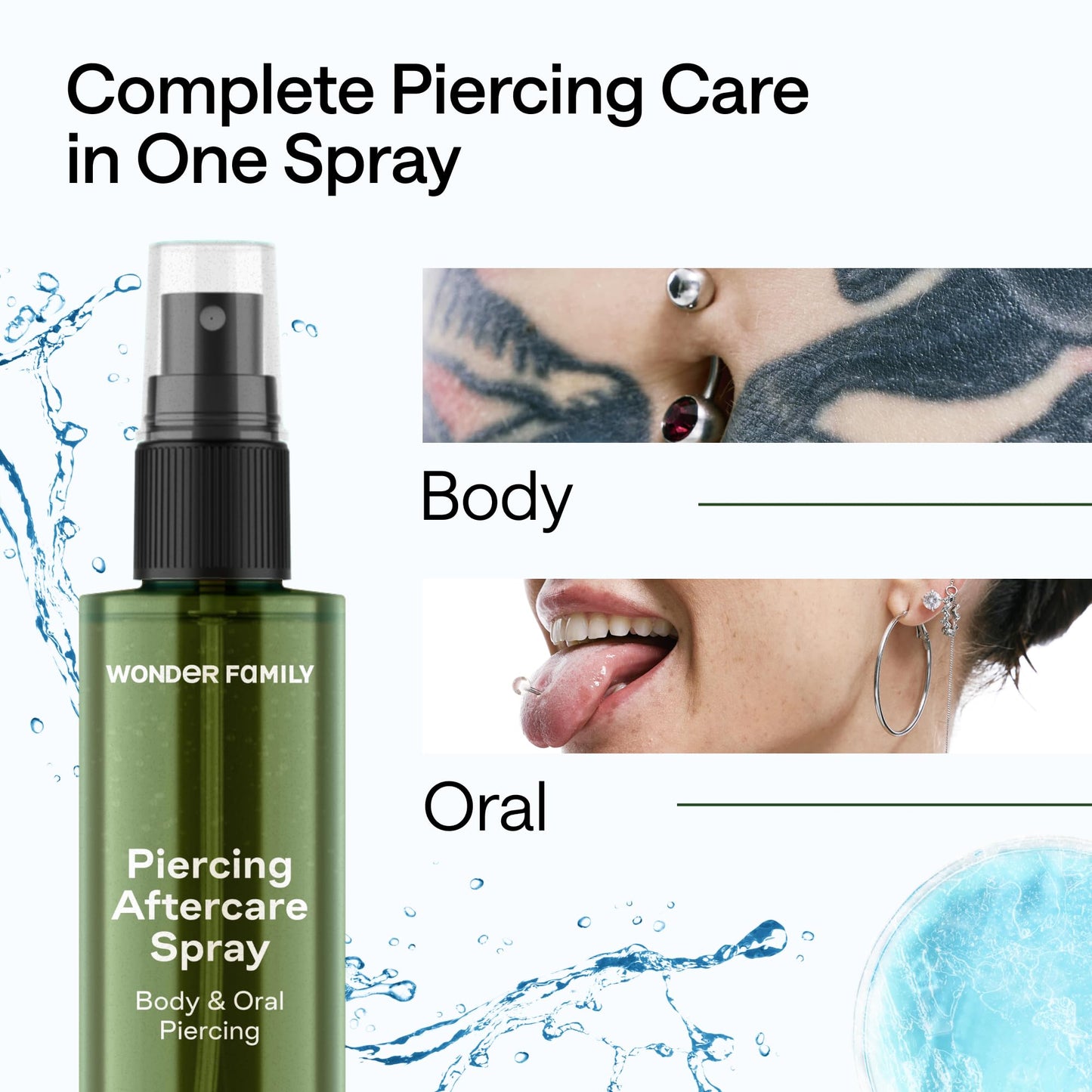 Piercing Aftercare Spray - Sterile Saline Solution for Piercings with Panthenol & Tea Tree Oil for Piercing Bumps Lip, Body, Nose Rings, & Ear Piercing Cleaner Keloid bump removal (3 Pack)