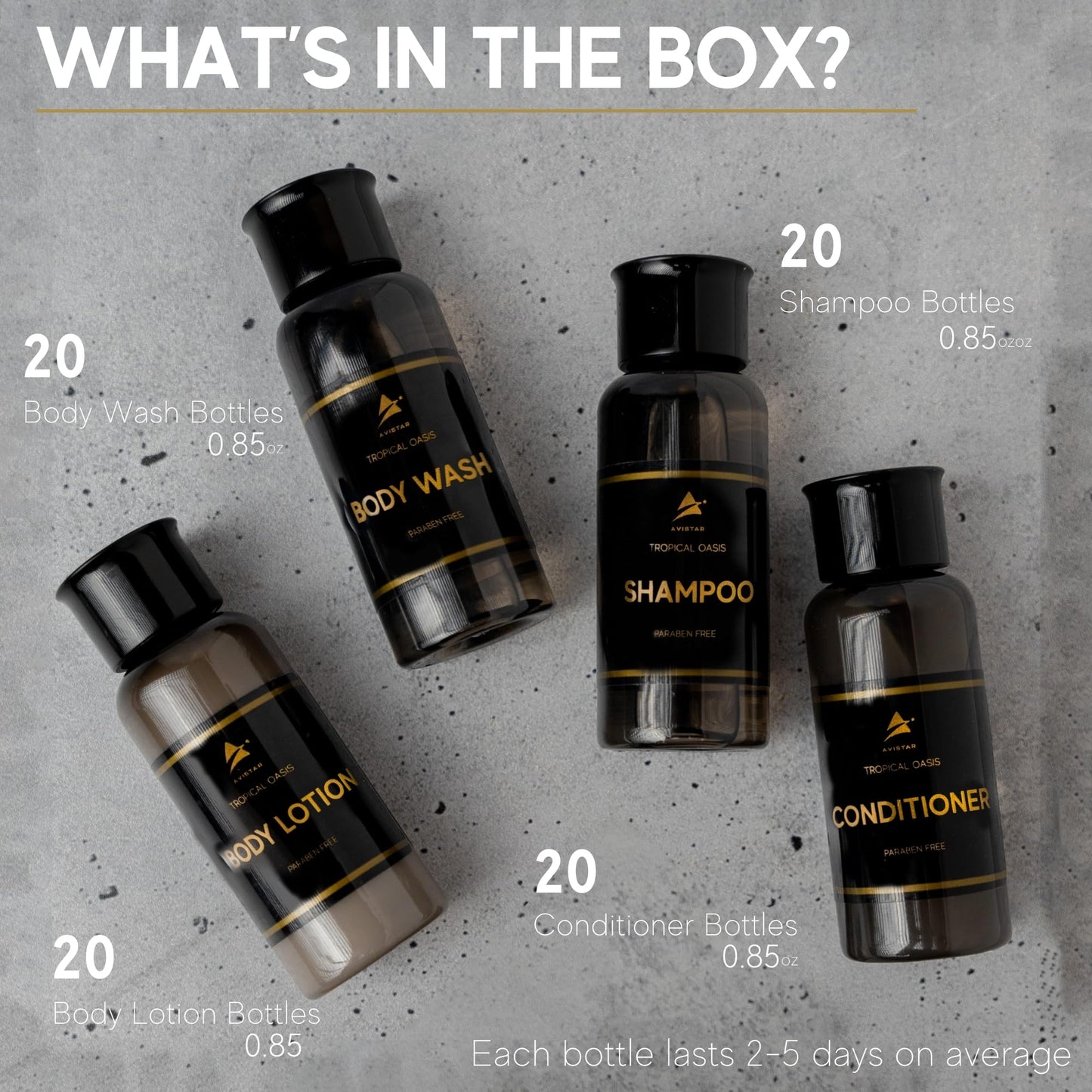 80 Piece Set Hotel Guest Soaps for Bathroom, Travel Size Bulk Toiletries Set, Supplies for Guests, 20 Pack w/ 20 Shampoo 20 Conditioner 20 Body Wash 20 Lotion