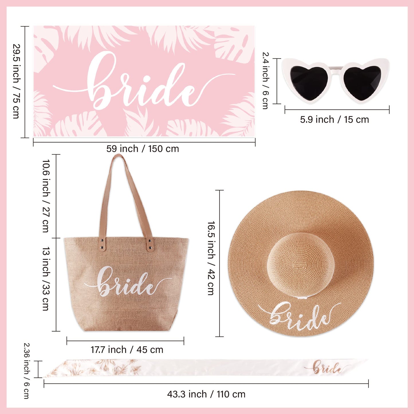 5 pc Bride Beach Bag Honeymoon Gift, Bachelorette Gifts for Bride, Bride to be Gifts, Bride Straw Sun Hat, Bag, Microfiber Towel, Silk Scarf, Sunglasses, Bridal Shower Gift (Bride Beach Gift Set)