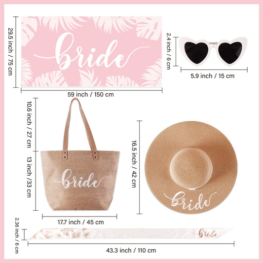 5 pc Bride Beach Bag Honeymoon Gift, Bachelorette Gifts for Bride, Bride to be Gifts, Bride Straw Sun Hat, Bag, Microfiber Towel, Silk Scarf, Sunglasses, Bridal Shower Gift (Bride Beach Gift Set)