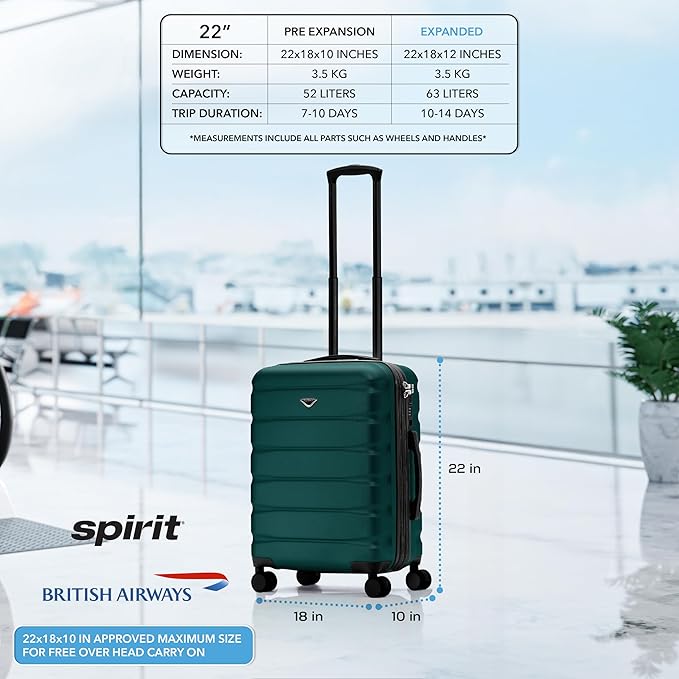 Carry On Suitcase Hardside TSA Lock & USB Port Silent Double Spinner Wheels Maximum Overhead Carry-On Bag Approved For Many Airlines( 22x18x10" ,Forest Green )