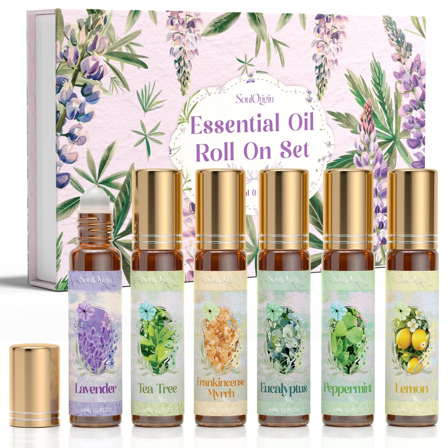 SoulOrigin Essential Oil Roll On Set, Natural Aromatherapy Oils with Portable Roller Ball for Skin Care- Tea Tree, Frankincense & Myrrh, Lavender, Peppermint, Eucalyptus, Lemon - Gifts for Women & Men