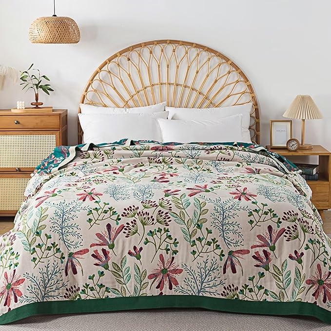 Boho Throw Blanket 100% Cotton, Green Grass Muslin Large Queen Size Quilt Blanket for Bed, Sofa, Couch, Farmhouse Decor Bed Blankets, All Season Rustic Throw Blanket