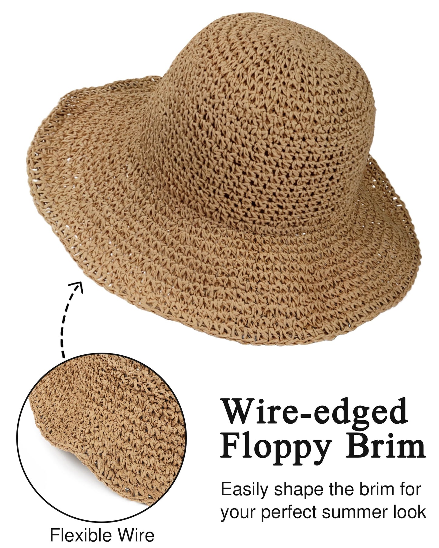 Womens Wide Brim Straw Sun Hat Foldable Floppy Crochet Beach Hat for Summer (US, Alpha, One Size, Khaki)