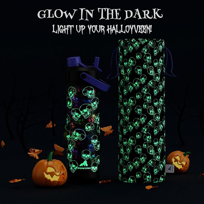 26 oz Halloween Insulated Water Bottle with 2-in-1 Straw and Spout Lid, Glow-in-the-Dark, 24H Cold, Leakproof, Fits in Car Cup Holder, Stainless Steel for Gift, Trip, Holiday, Sports (Luminous Souls)