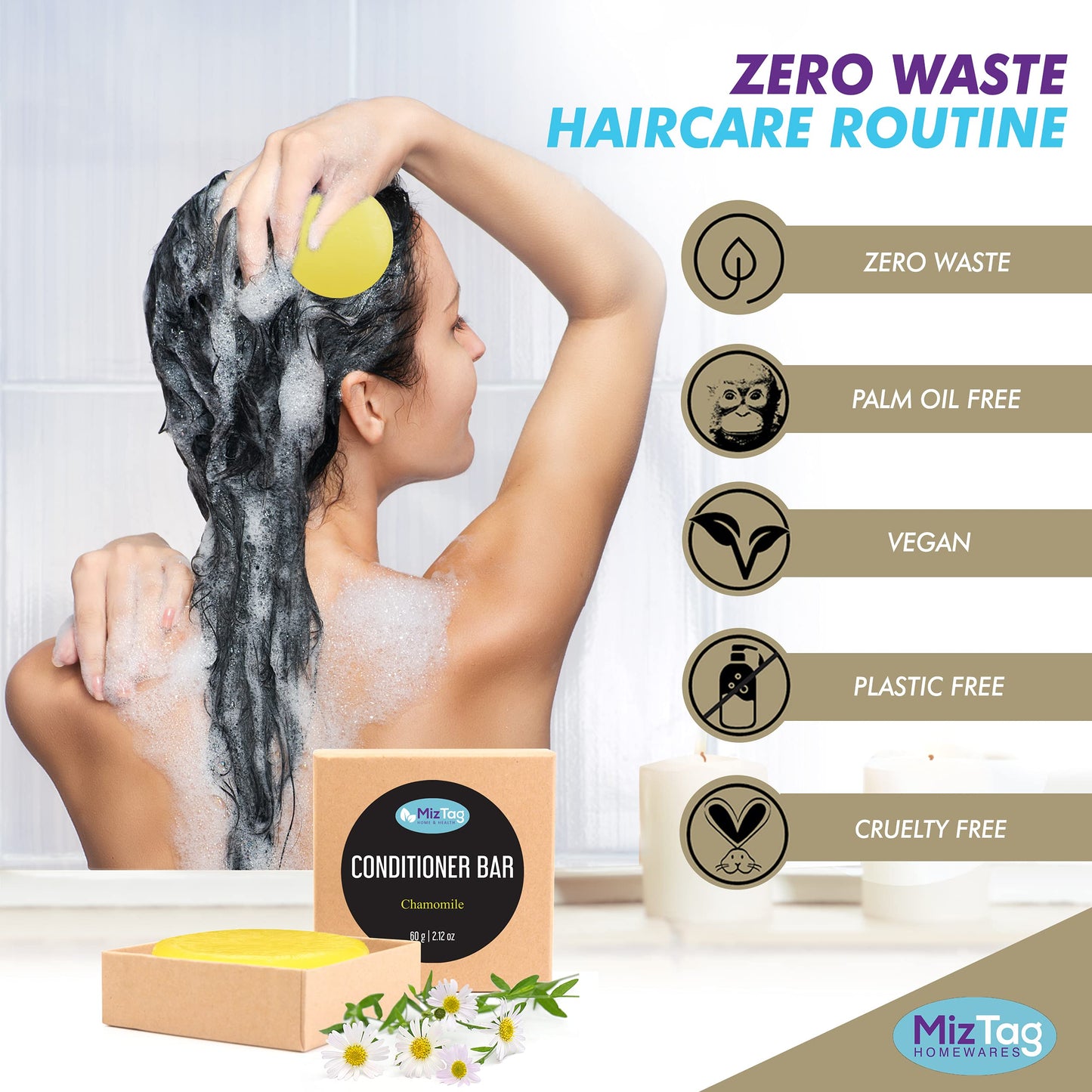 Miztag Home & Health Conditioner Bar - Solid Natural Soap for Hair - Vegan Zero Waste Packaging - Chamomile Scent - Eco-Friendly Gift for Women