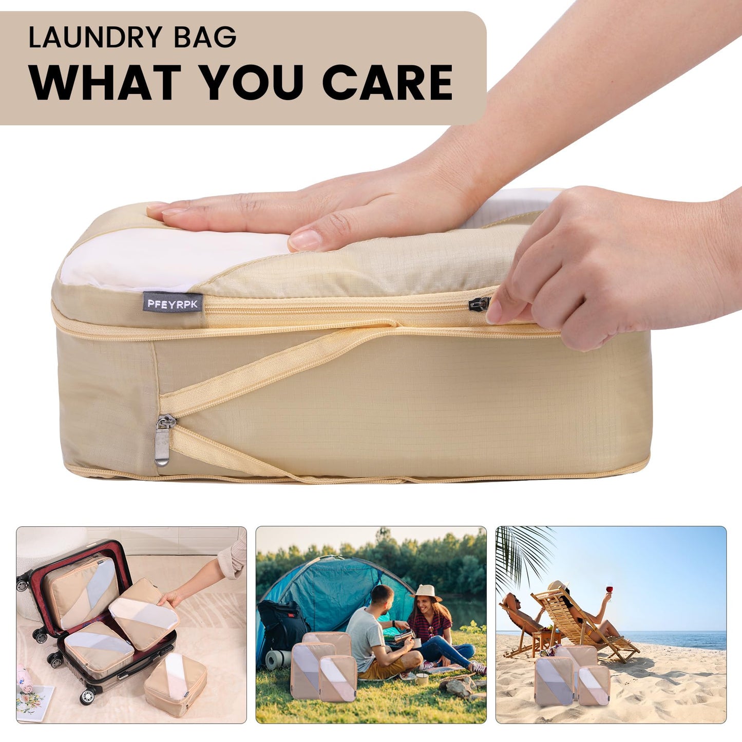 PFEYRPK Travel Packing Cubes, Compression Organizer Set of 4, Lightweight Storage for Suitcase, Vacation, Business Trips (Khaki)