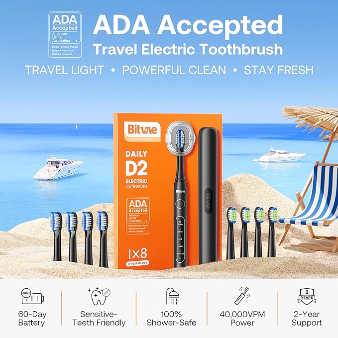 Bitvae ADA Accepted Electric Toothbrush, Travel Toothbrush Rechargeable for Adults and Kids, 60-Day Battery, 5 Modes, 8 Heads, Portable Travel Case & Holder, Shadow Black
