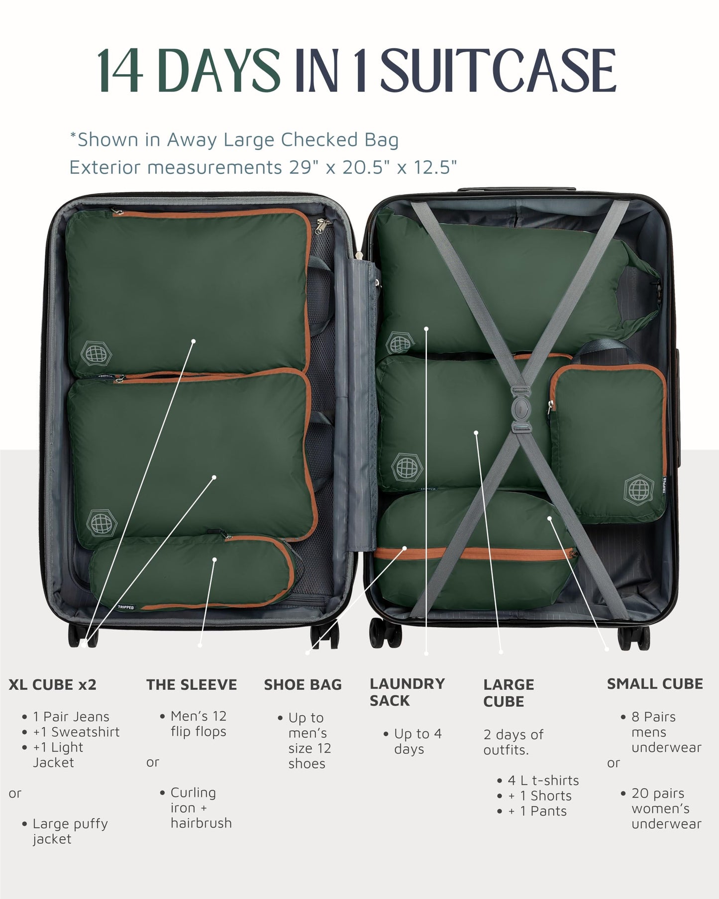 Large Compression Packing Cubes for Travel-Packing Cube Luggage Organizers 7 Piece Set for Checked Luggage-Ultralight, Expandable/Compression Bags by TRIPPED Travel Gear (Green and Brown)