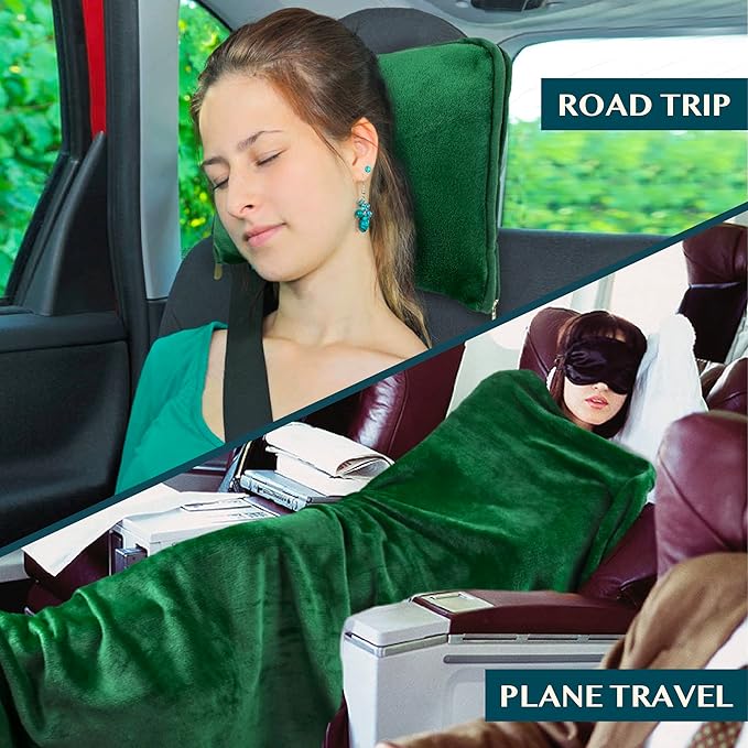 PAVILIA Travel Blanket Pillow, Soft Airplane Blanket 2-in-1 Combo Set, Plane Blanket Compact Packable, Flight Essentials Car Pillow, Travelers Gifts Accessories, Luggage Backpack Strap, 60x43 Green